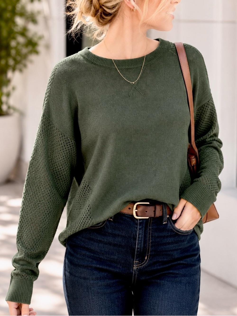 Sweet Romeo Olive Green Open Knit Hi Low Pullover Sweater Medium NWT